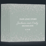 Sage Green Silver Confetti Wedding Anniversary 3 Ring Binder<br><div class="desc">Capture every cherished moment with this elegant “Our Love Story” binder featuring a soft sage green background adorned with shimmering faux silver glitter accents. Personalized with your names and wedding date, this romantic binder is perfect for preserving photos, letters, vows, or wedding keepsakes. A timeless design that beautifully combines simplicity...</div>