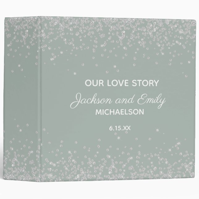 Sage Green Silver Confetti Wedding Anniversary 3 Ring Binder (Front/Spine)