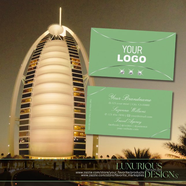 Sage Green Silver Decor Sparkle Diamonds and Logo Business Card (Creator Uploaded)
