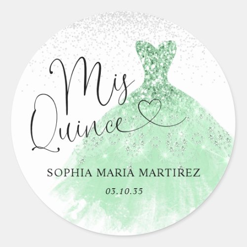 Sage Green Silver Dress Mis Quince Quinceaera Classic Round Sticker