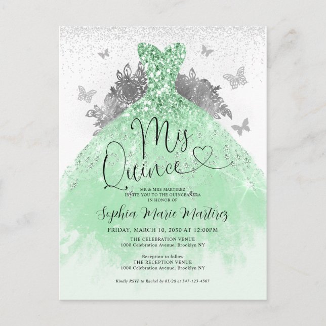 Sage Green Silver Dress Mis Quince Quinceañera Postcard (Front)