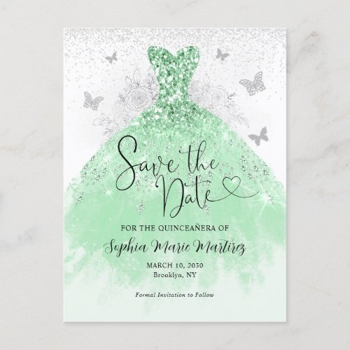 Sage Green Silver Dress Quinceaera Save the Date Postcard