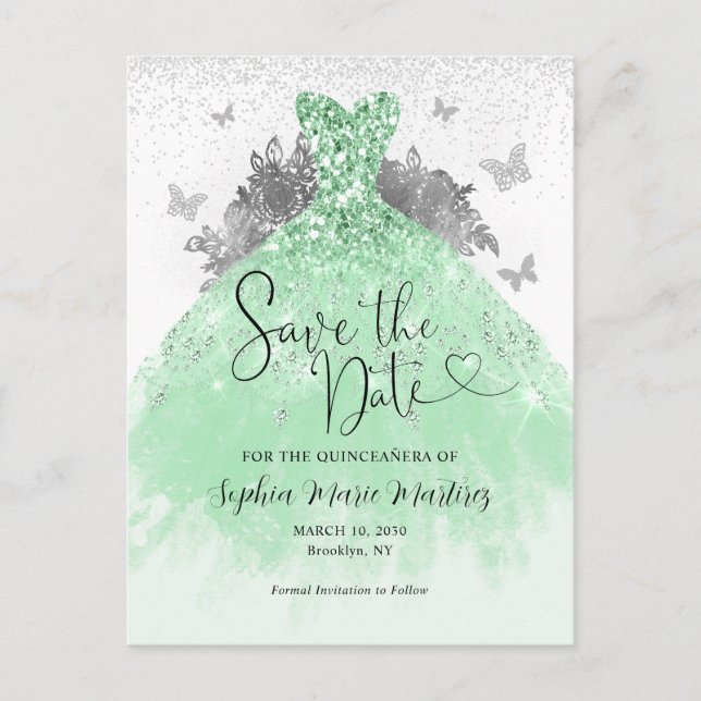 Sage Green Silver Dress Quinceañera Save the Date Postcard (Front)