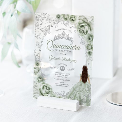 Sage Green Silver Floral Quinceanera