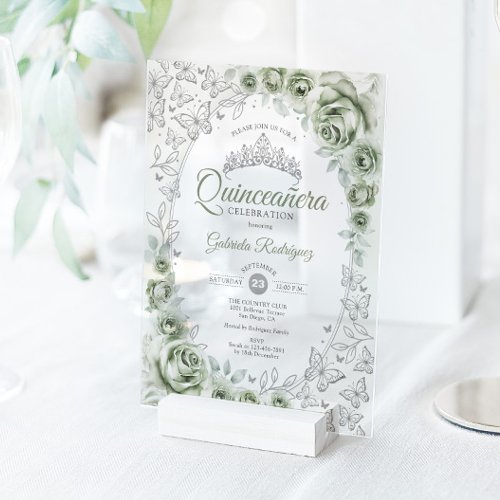 Sage Green Silver Floral Quinceanera