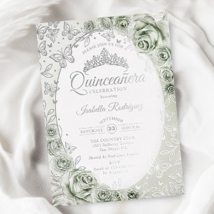 Sage Green Silver Floral Quinceanera Foil Invitation