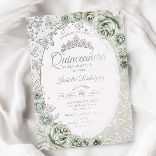Sage Green Silver Floral Quinceanera Foil Invitation