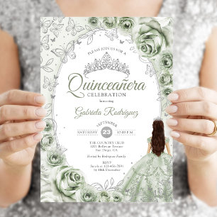 Sage Green Silver Floral Quinceanera Invitation