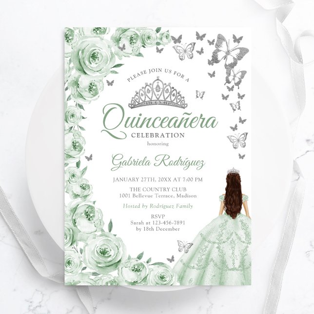 Sage Green Silver Floral Quinceanera Invitation (Creator Uploaded)