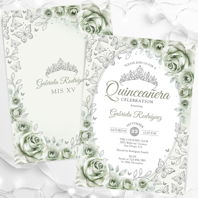Sage Green Silver Floral Quinceanera Invitation (Creator Uploaded)