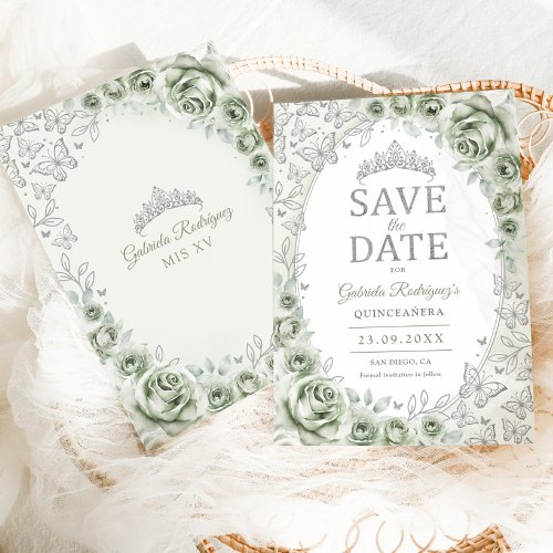 Sage Green Silver Floral Quinceanera Save The Date