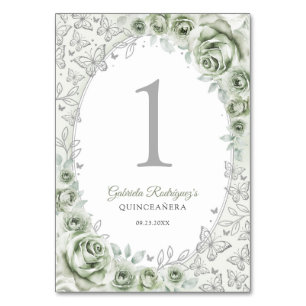 Sage Green Silver Floral Quinceanera Table Number