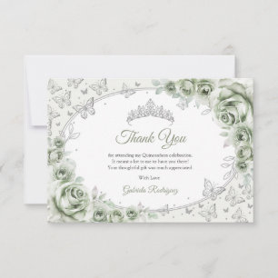 Sage Green Silver Floral Quinceanera Thank You Card