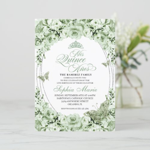 Sage Green Silver Floral Tiara Quinceanera Invitation