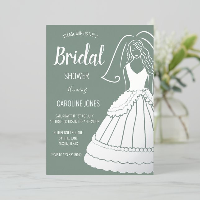 Sage Green Silver Foil Elegant Dress Bridal Shower Invitation (Standing Front)