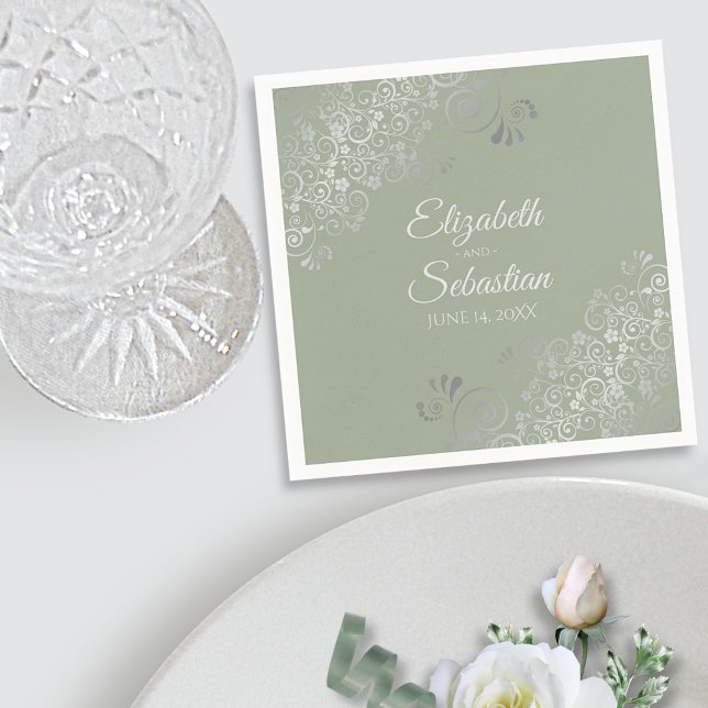 Sage Green & Silver Frills Elegant Wedding Napkins (In Situ on Table)