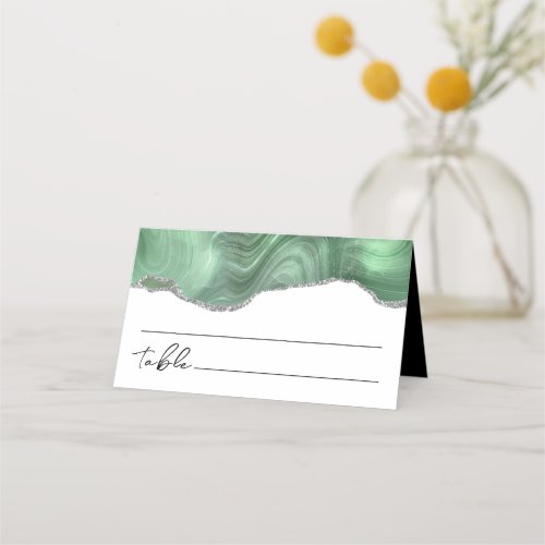 Sage Green Silver Glitter Agate Wedding Place Card