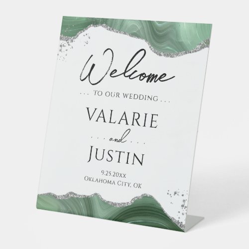 Sage Green Silver Glitter Agate Wedding Welcome Pedestal Sign