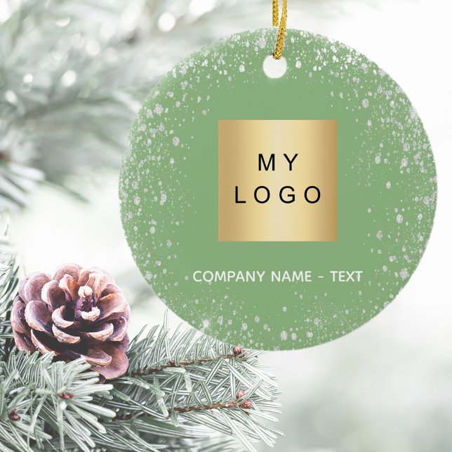 Sage green silver glitter business company logo ceramic ornament (Creator Uploaded)