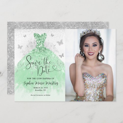 Sage Green Silver Glitter Dress Quinceaera Photo Save The Date
