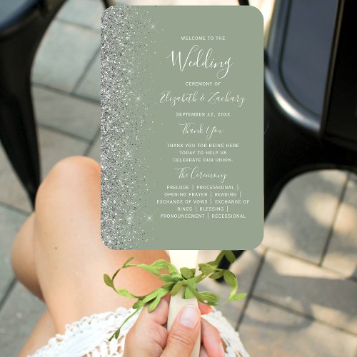 Sage Green Silver Glitter Edge Wedding Program Hand Fan