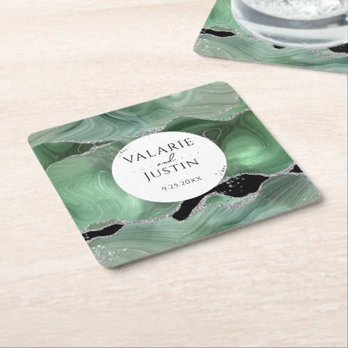 Sage Green Silver Glitter Marble Wedding Square Paper Coaster