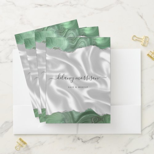 Sage Green Silver Glitter White Silk Luxury Pocket Folder