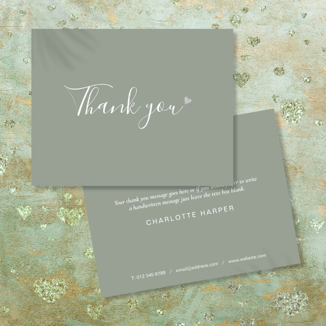 Sage Green Silver Heart Chic Script Business Thank You Card (Sage Green Silver Heart Chic Script Business Thank You Card)