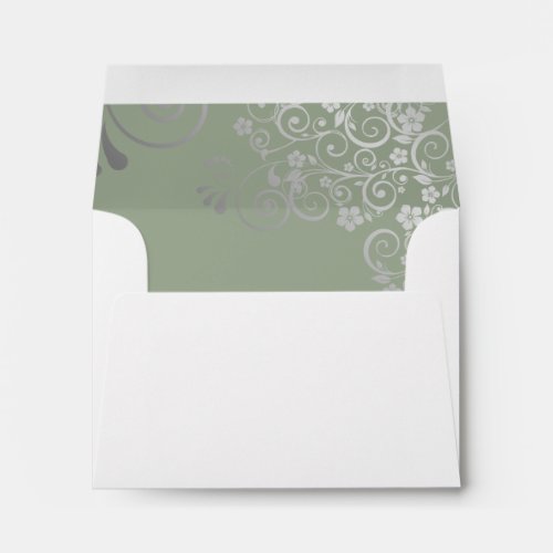 Sage Green  Silver Lace Inside White Wedding RSVP Envelope