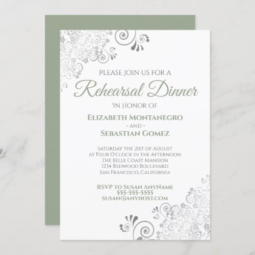 Sage Green  Silver Lace Wedding Rehearsal Dinner Invitation