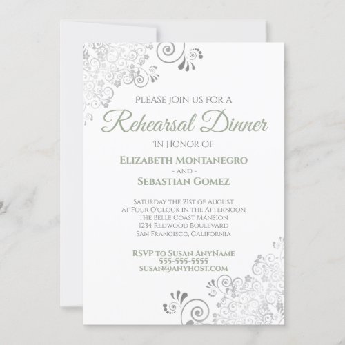 Sage Green  Silver Lace Wedding Rehearsal Dinner Invitation