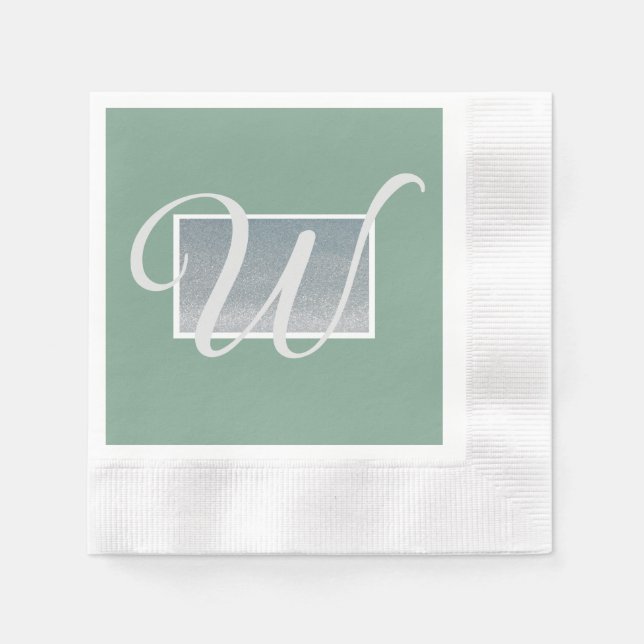 Sage Green Silver Monogram Paper Napkins (Front)