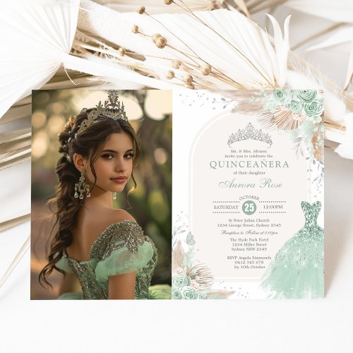 Sage Green Silver Quinceaera Boho Princess Photo Invitation