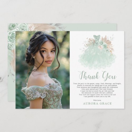 Sage Green Silver Quinceaera Dress Birthday Photo Thank You Card