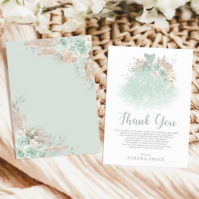 Sage Green Silver Quinceañera Dress Mis Quince Thank You Card (Creator Uploaded)