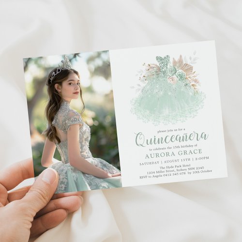 Sage Green Silver Quinceaera Princess Dress Photo Invitation