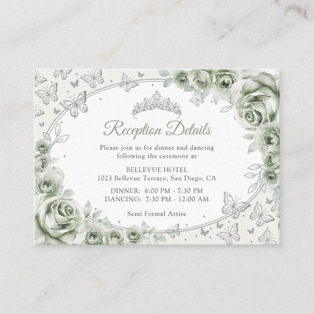 Sage Green Silver Quinceanera Reception Details Enclosure Card (Front)