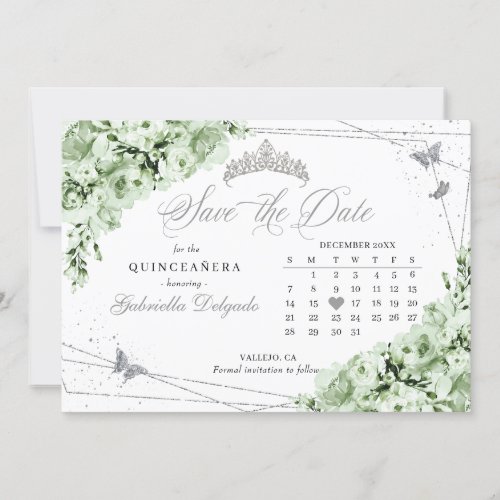Sage Green  Silver Quinceaera Save The Date Invitation
