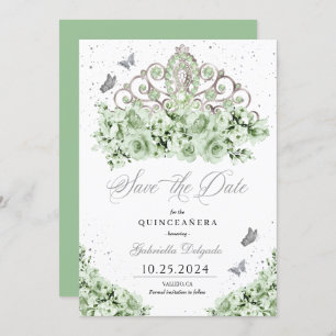 Sage Green Silver Tiara Save The Date Quinceañera Invitation