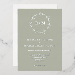 Sage Green Silver Wreath Monogram Wedding Foil Invitation