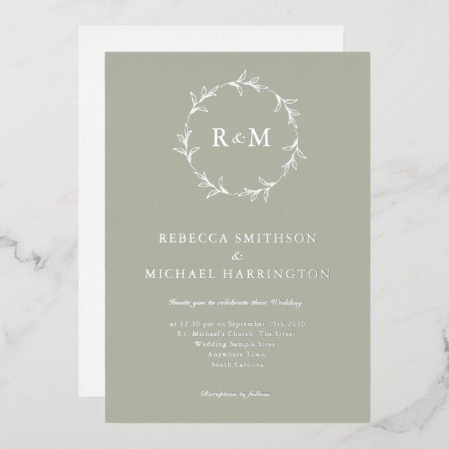 Sage Green Silver Wreath Monogram Wedding Foil Invitation (Front/Back)