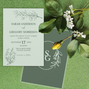 Sage Green Simple Boho Floral Bicolor Wedding Invitation