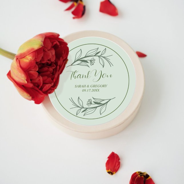 Sage Green Simple Boho Thank You Wedding Favor Classic Round Sticker (Creator Uploaded)