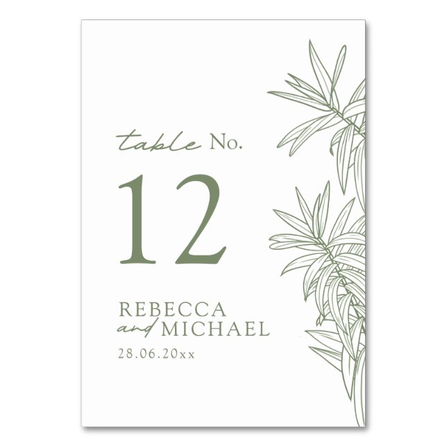 Sage Green Simple Botanical  Table Number (Front)