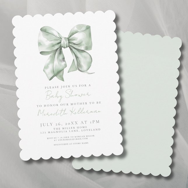 Sage Green Simple Bow Baby Shower Invitation (Sage Green Simple Bow Baby Shower Invitation)