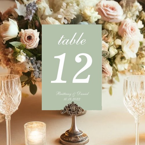 Sage Green Simple Calligraphy White Script Wedding Table Number