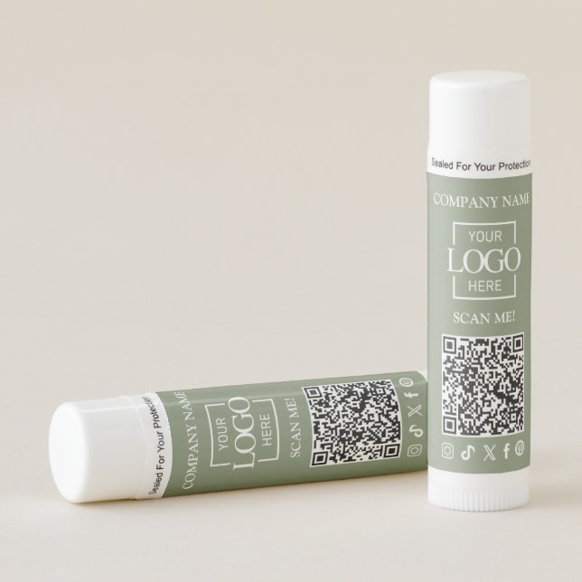 Sage Green Simple Company Business Logo & QR Code Lip Balm (Front)