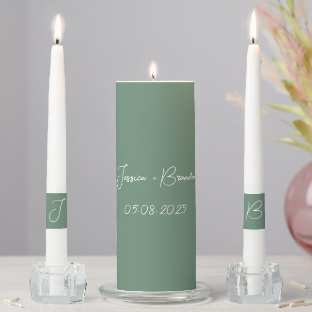 Sage Green Simple Couple Monogram Elegant Unity Candle Set (In Situ)