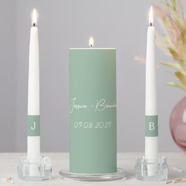 Sage Green Simple Couple Monogram Elegant Unity Candle Set (In Situ)
