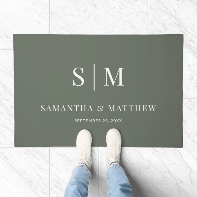 Sage Green Simple Couple Monogram Initials Wedding Doormat (Indoor)